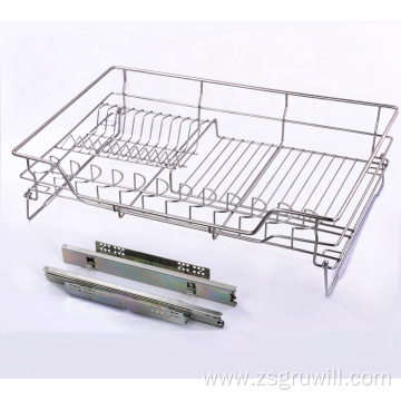 Kitchen pull-out drawer stainless steel dish storage basket